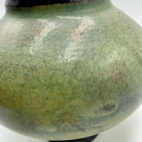 Studio Art Pottery Green Iridescent Glaze Raku Vase Planter Zion Canyon - Picture 5 of 9